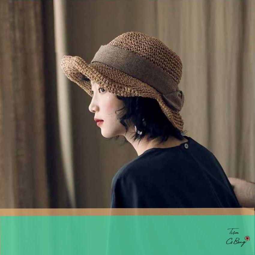 Mũ cói mềm phối nơ vải