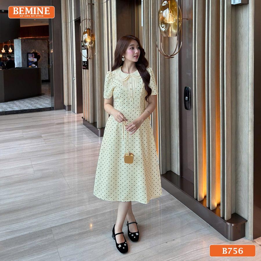 [DUY NHẤT 25-29.09-VOUCHER 40K]Đầm thiết kế BEMINE cổ sen hai lớp họa tiết bi dáng dài phù hợp đi làm-B756