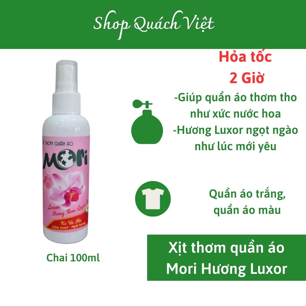 Xịt thơm quần áo mori hương luxor, hương hoa anh đào ngọt ngào, chai 100ml