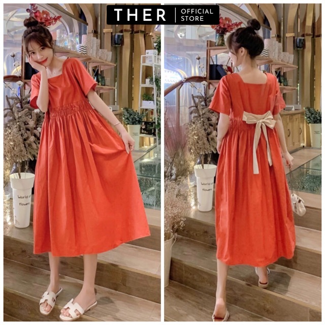 Đầm váy nữ babydoll màu cam cổ vuông bo chun ở eo có nơ phía sau