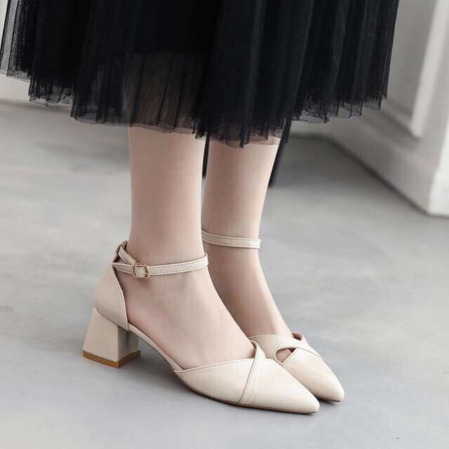 Giày cao gót nữ, giày sandal cao gót thời trang mũi nhọn phối dây quai mảnh gót vuông cao 3cm