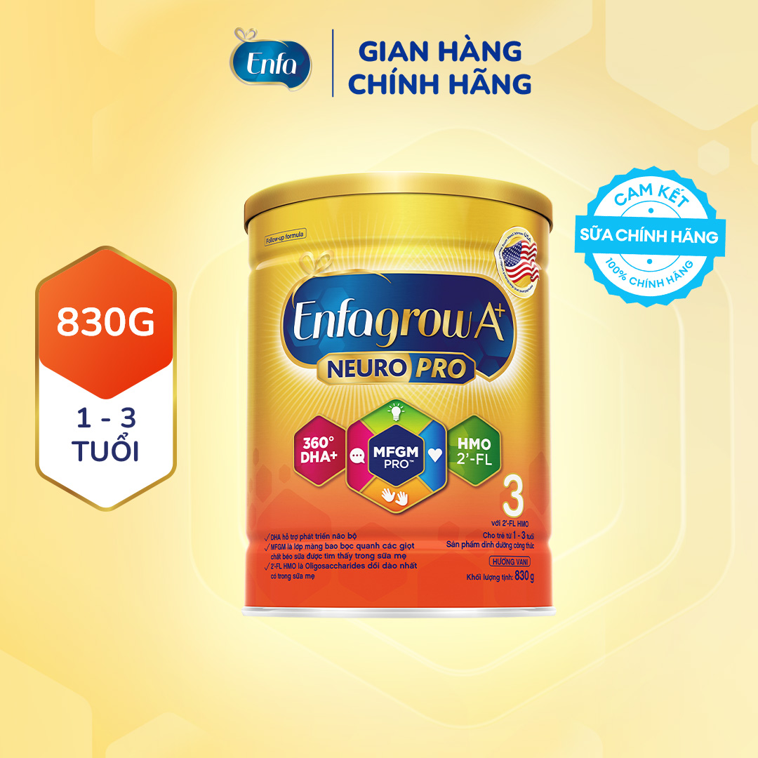 Sữa bột Enfagrow A+ NeuroPro 3 Vị thanh mát 2FL HMO với dưỡng chất DHA  MFGM cho trẻ từ 1–3 tuổi – 830g
