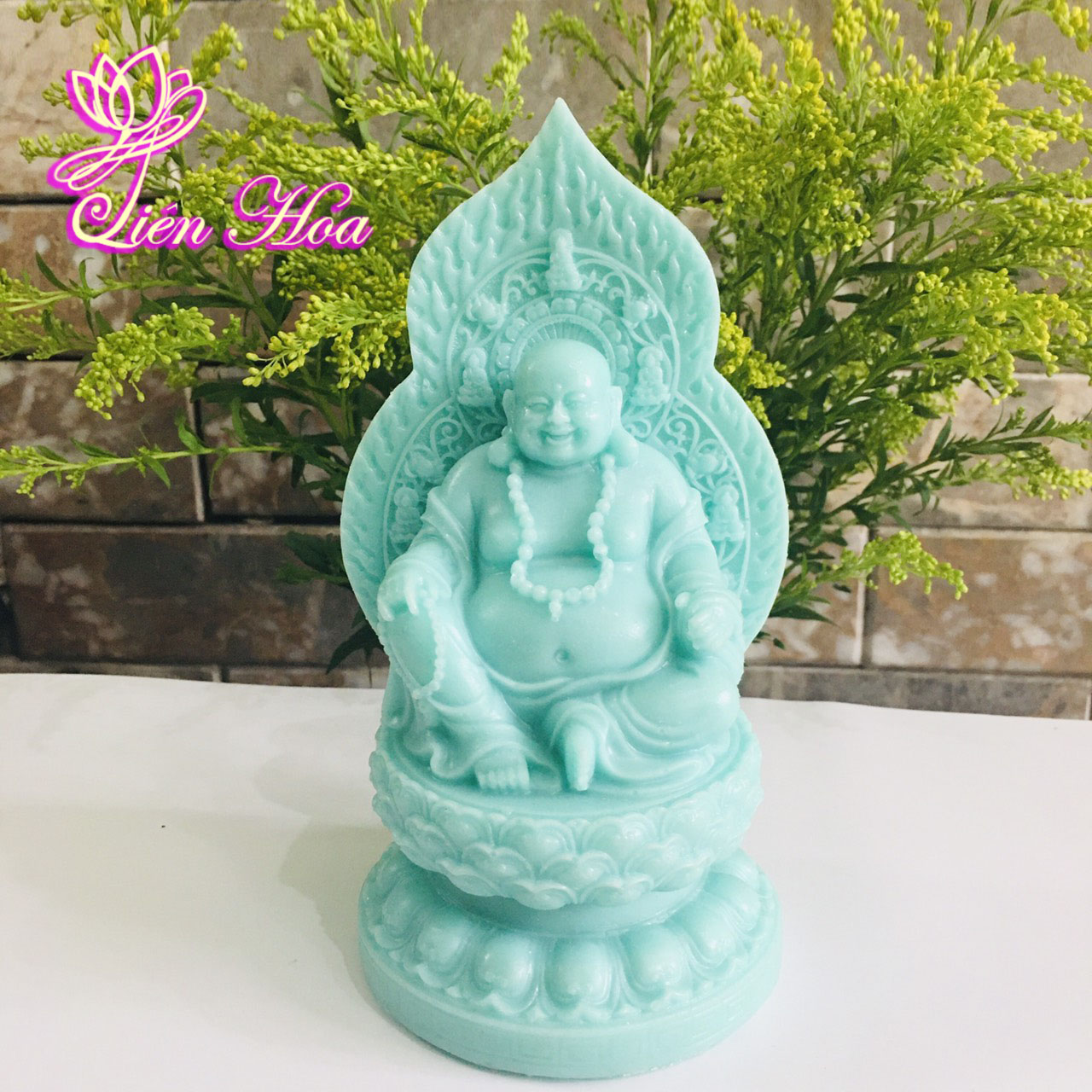 Tượng Phật Di Lặc màu xanh ngọc cao 17 cm ngồi tòa sen