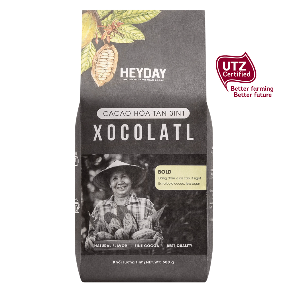 Bột cacao sữa 3in1 Xocolatl - Gu đắng đậm Bold túi 500g - Gấp 2 cacao nguyên chất, ít ngọt - Thức uống dinh dưỡng, tiện lợi từ cacao - Heyday Cacao