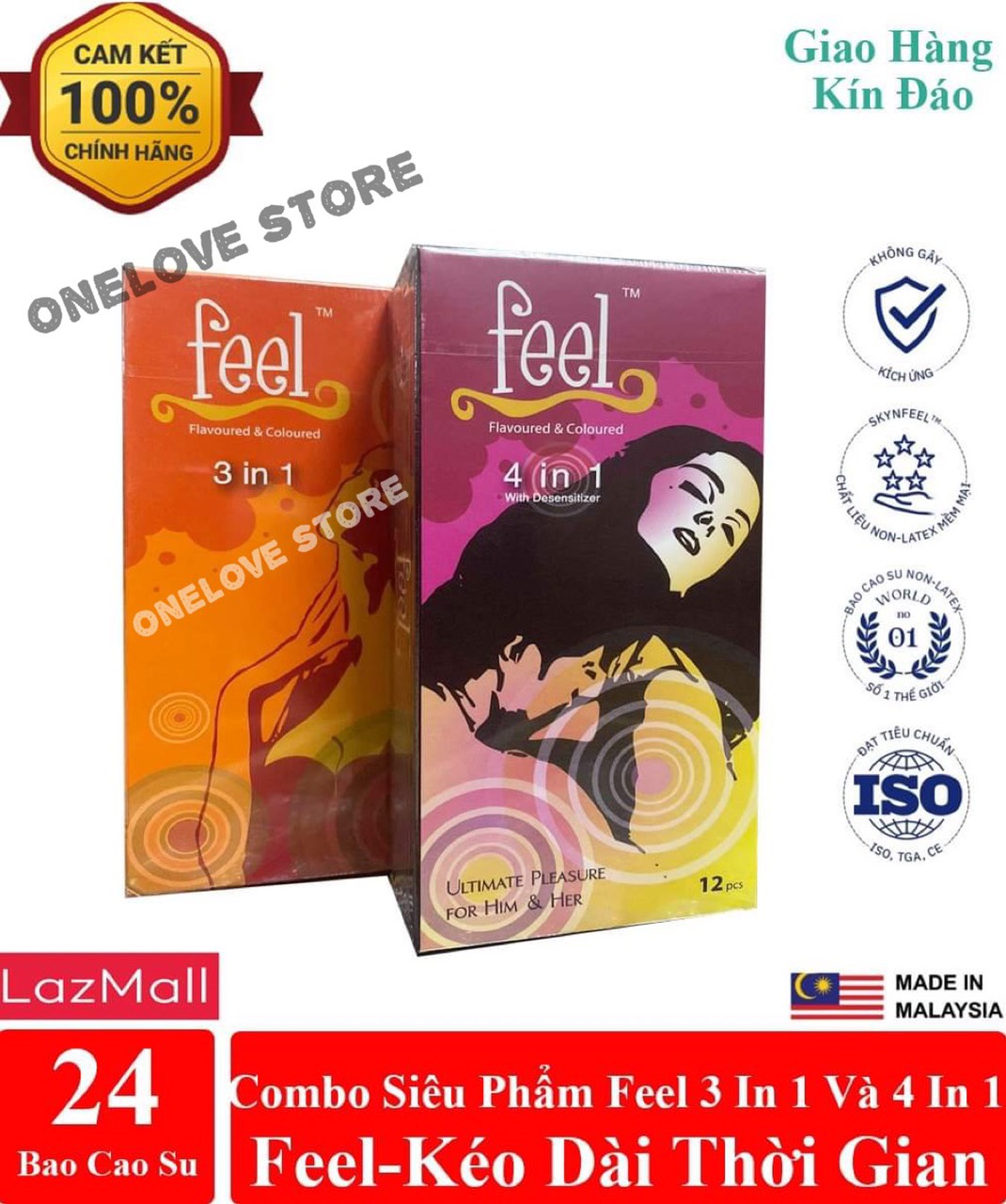 Bộ Đôi Bao Cao Su Feel 4 in 1 + 3 in 1 gân gai - kéo dài thời gian quan hệ 24 cái