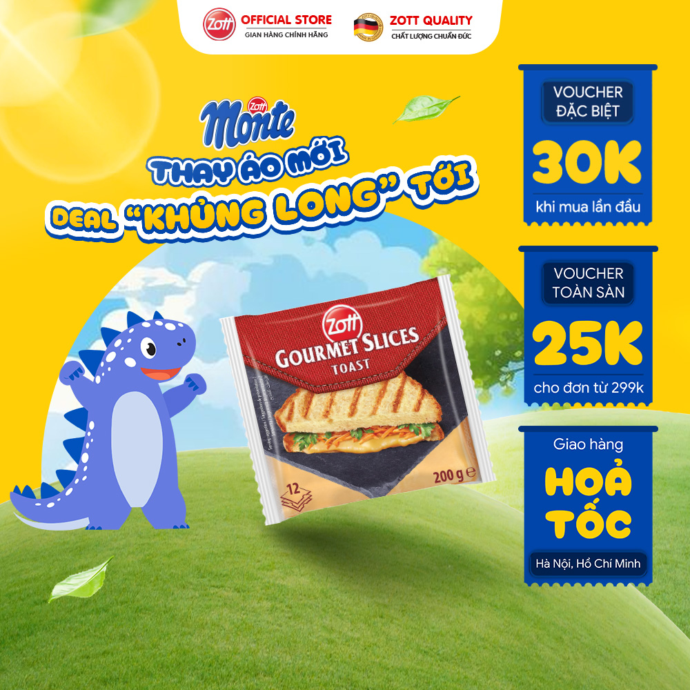 Giao Hoả tốc - Phô mai lát Zott Gourmet Slices TOAST nhập khẩu từ Đức (gói 200g – 12 lát), làm từ Sữa tươi giàu Canxi, Chất đạm