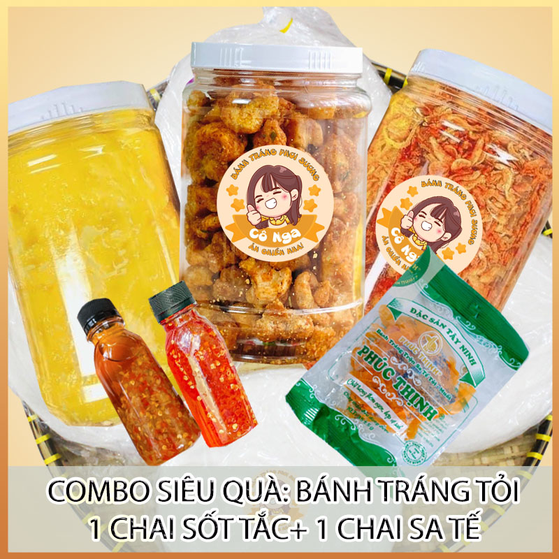 COMBO siêu quà 7 món: bánh tráng phơi sương Cô Nga 300gr + 200gr ruốc hành phi + hủ bơ siêu to 300gr + tóp mỡ 150gr + tặng 2 loại sốt chấm (sa tế 50ml + sốt tắc 50ml) + tặng thêm bịch bánh tráng sate tỏi