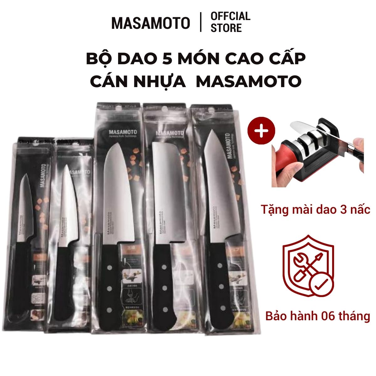 Bộ dao 5 món tay cầm nhựa siêu sắc, siêu bền Masamoto hàng chính hãng