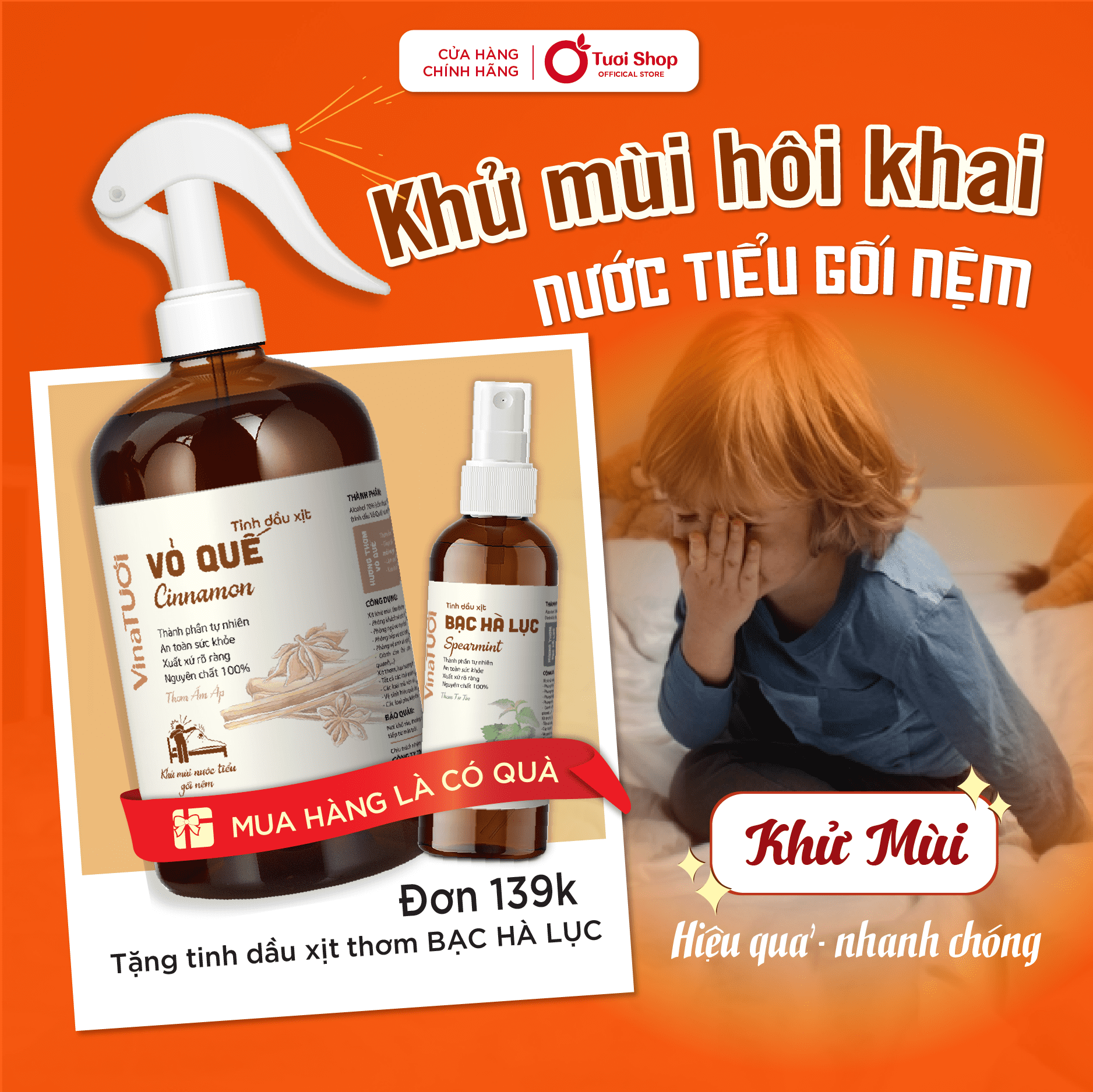 Xịt Khử Mùi Hôi Khai Nước Tiểu Gối Nệm VINA TƯƠI SHOP 100ml/300ml/500ml Giải Pháp Cho Trẻ Nhỏ Người Già