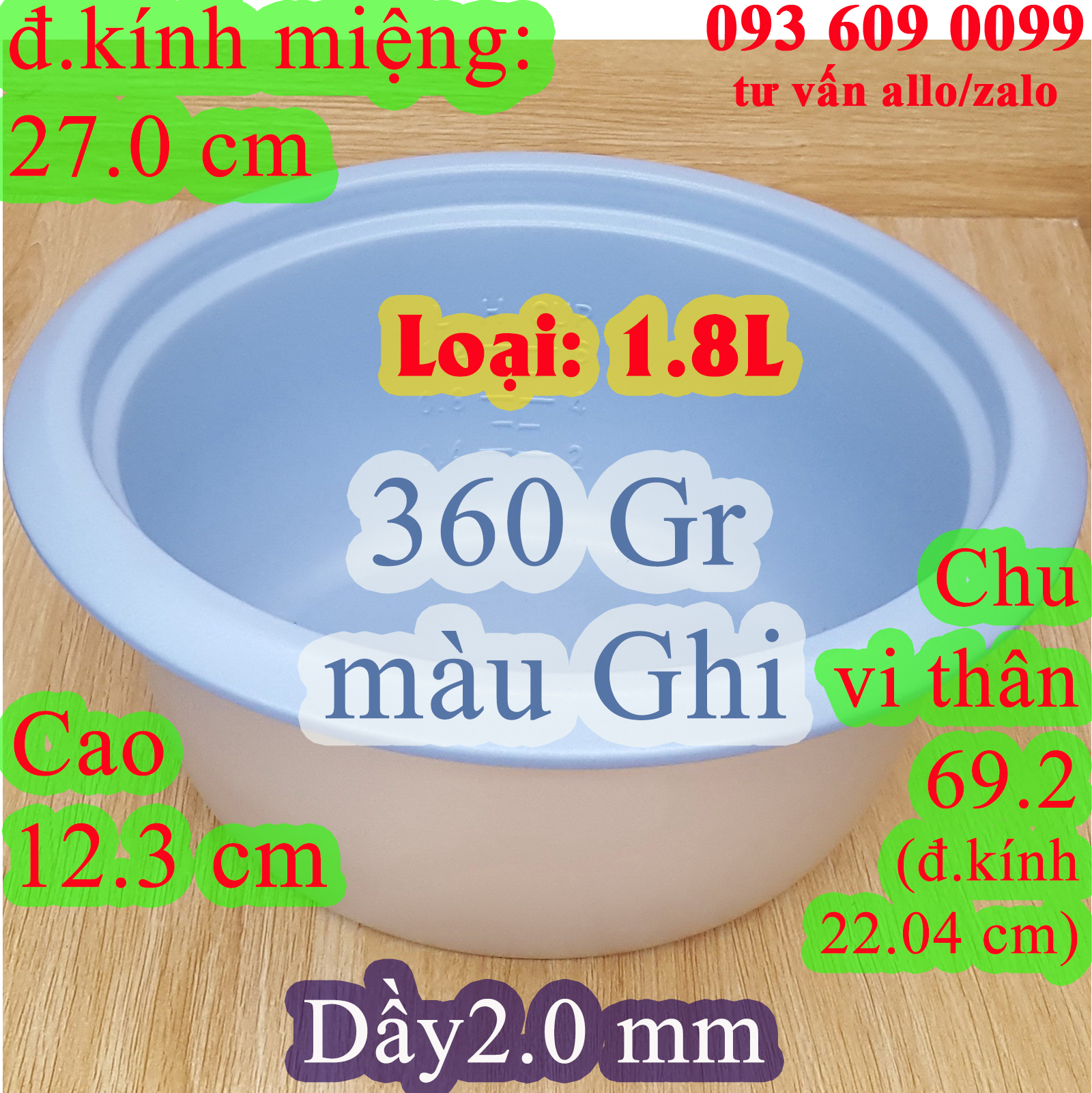 Lòng nồi cơm điện nắp rời-1.8 l chống dính màu ghi, nặng 360 gr