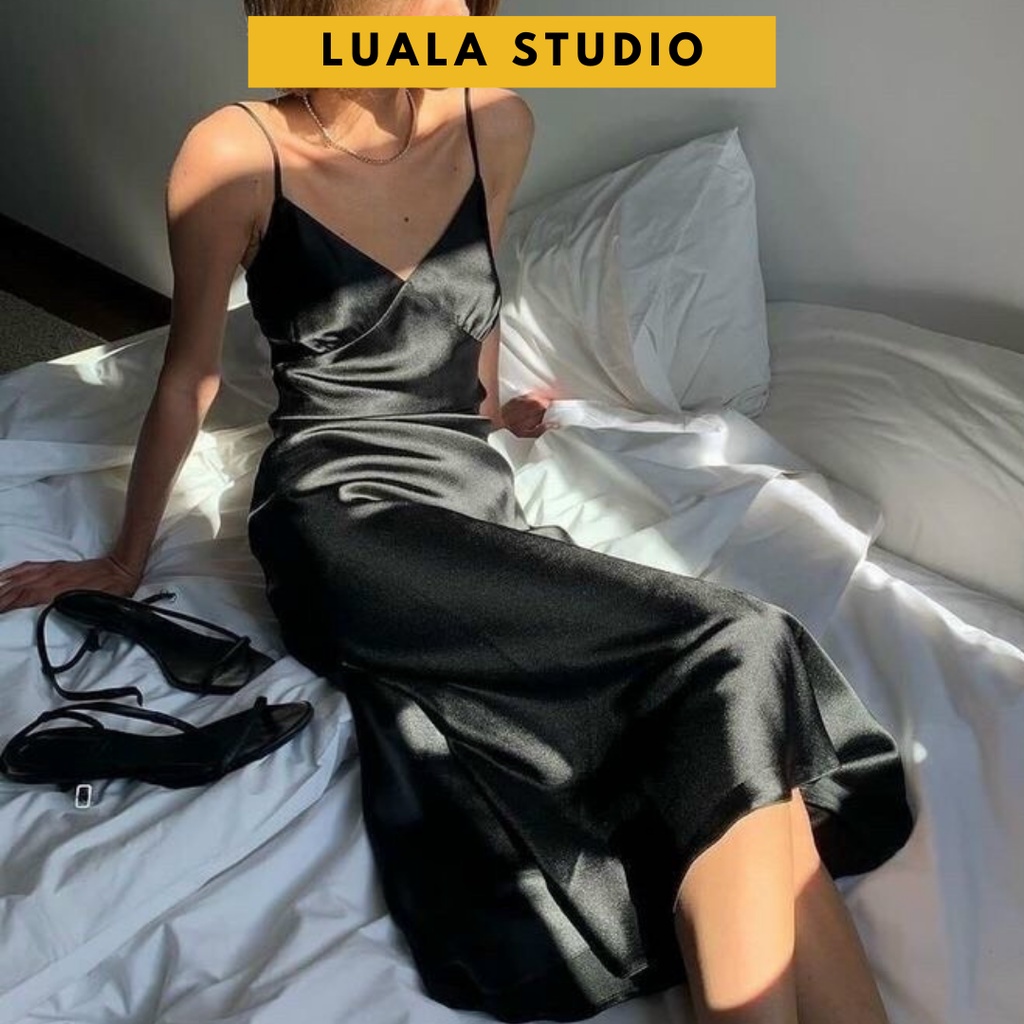 Đầm lụa Luala cổ tim nhún ngực có kèm mút, váy 2 dây hở lưng sexy mặc được nhiều kiểu, chất liệu satin dày dặn quyến rũ