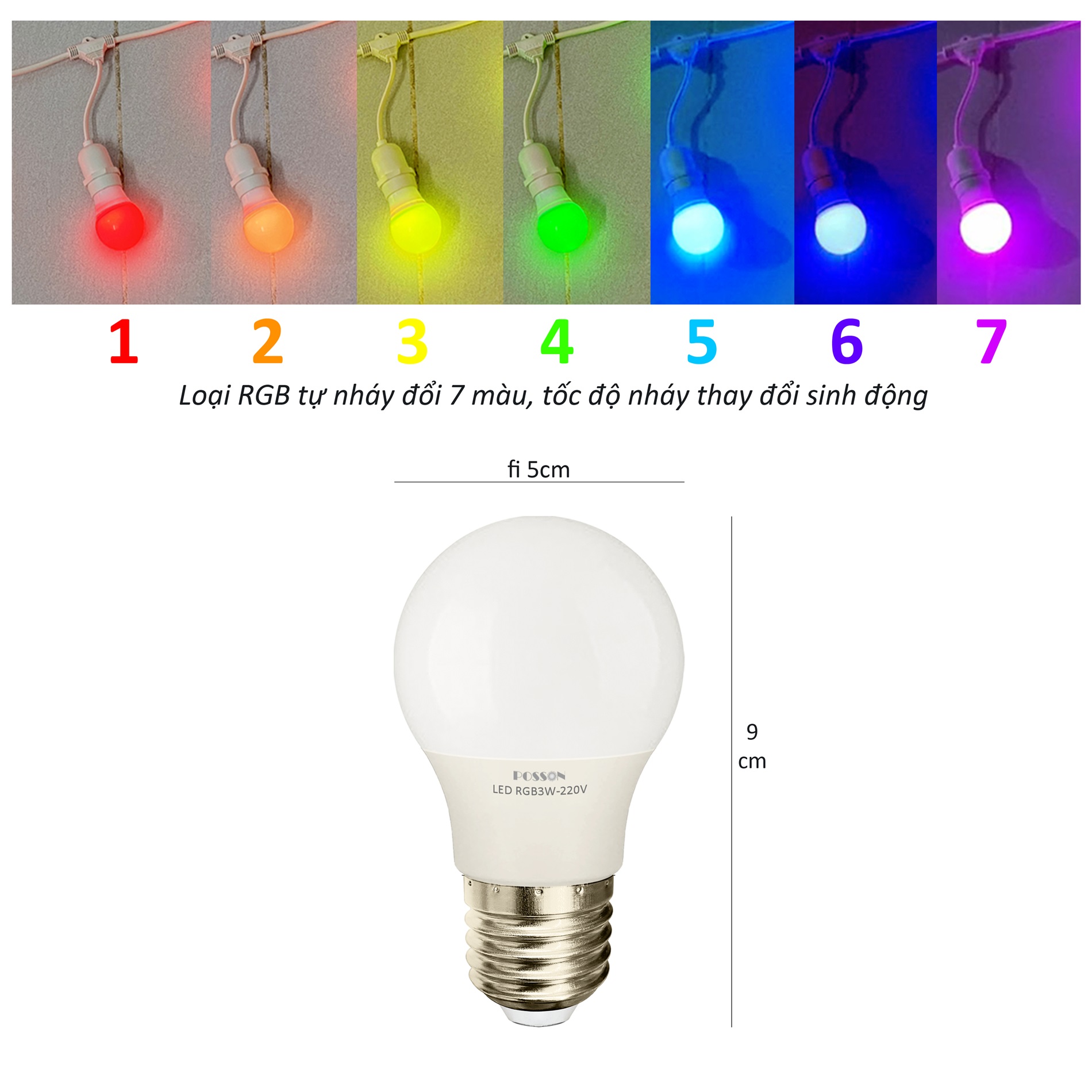 Bóng đèn led nhấp nháy 7 màu rgb trang trí chống nước mưa ngoài trời tròn a50 đuôi e27 3w 220v posson lb-3rgb
