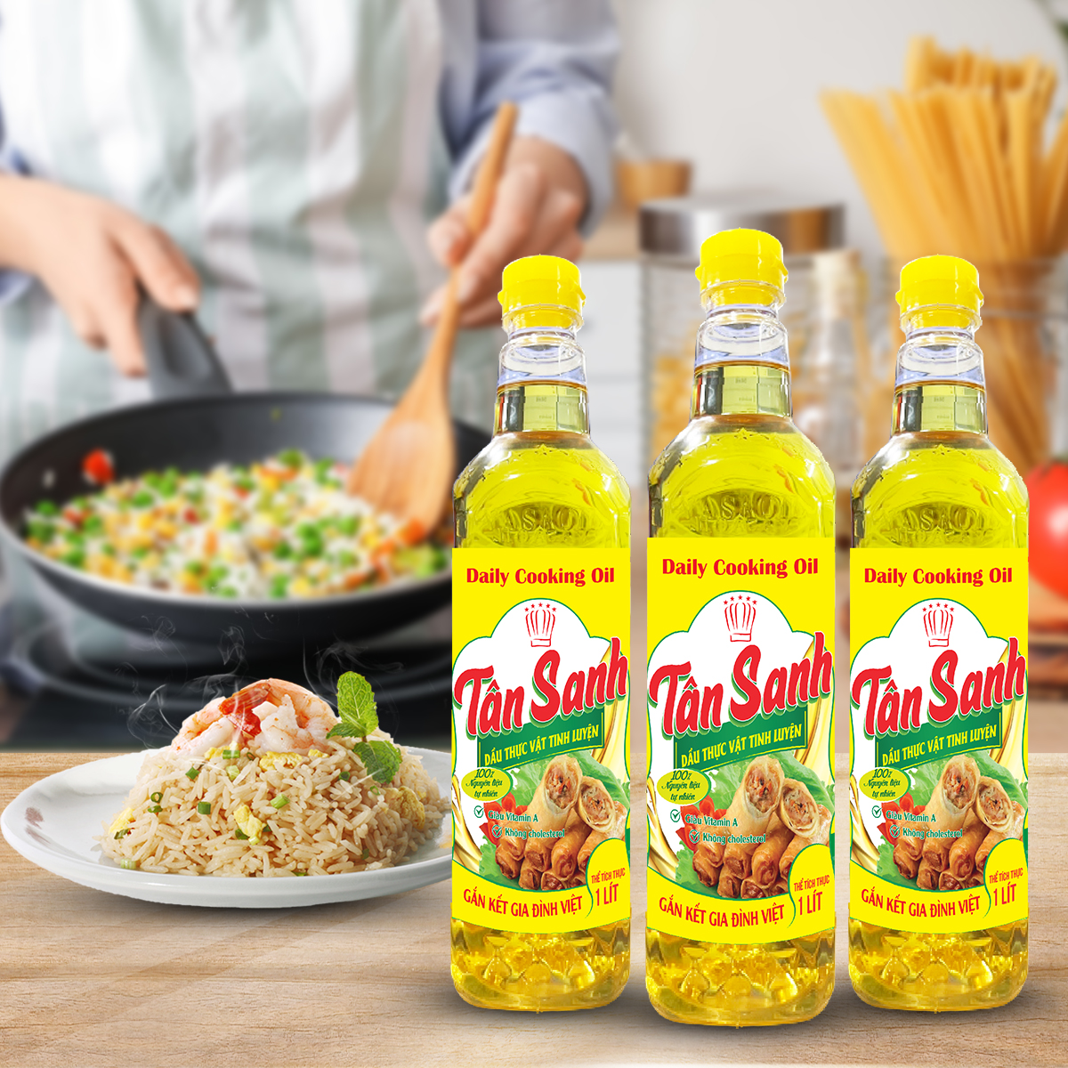 Combo 2 chai dầu ăn tân sanh chiên giòn thượng hạng chai 1l