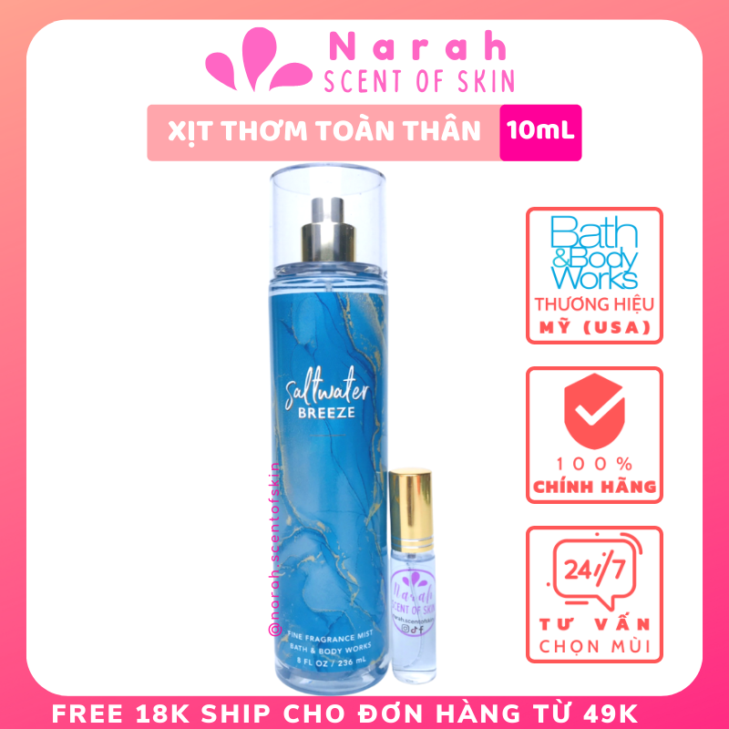 Xịt thơm body mist Bath and body works Saltwater breeze size 10ml - Narah ScentOfSkin