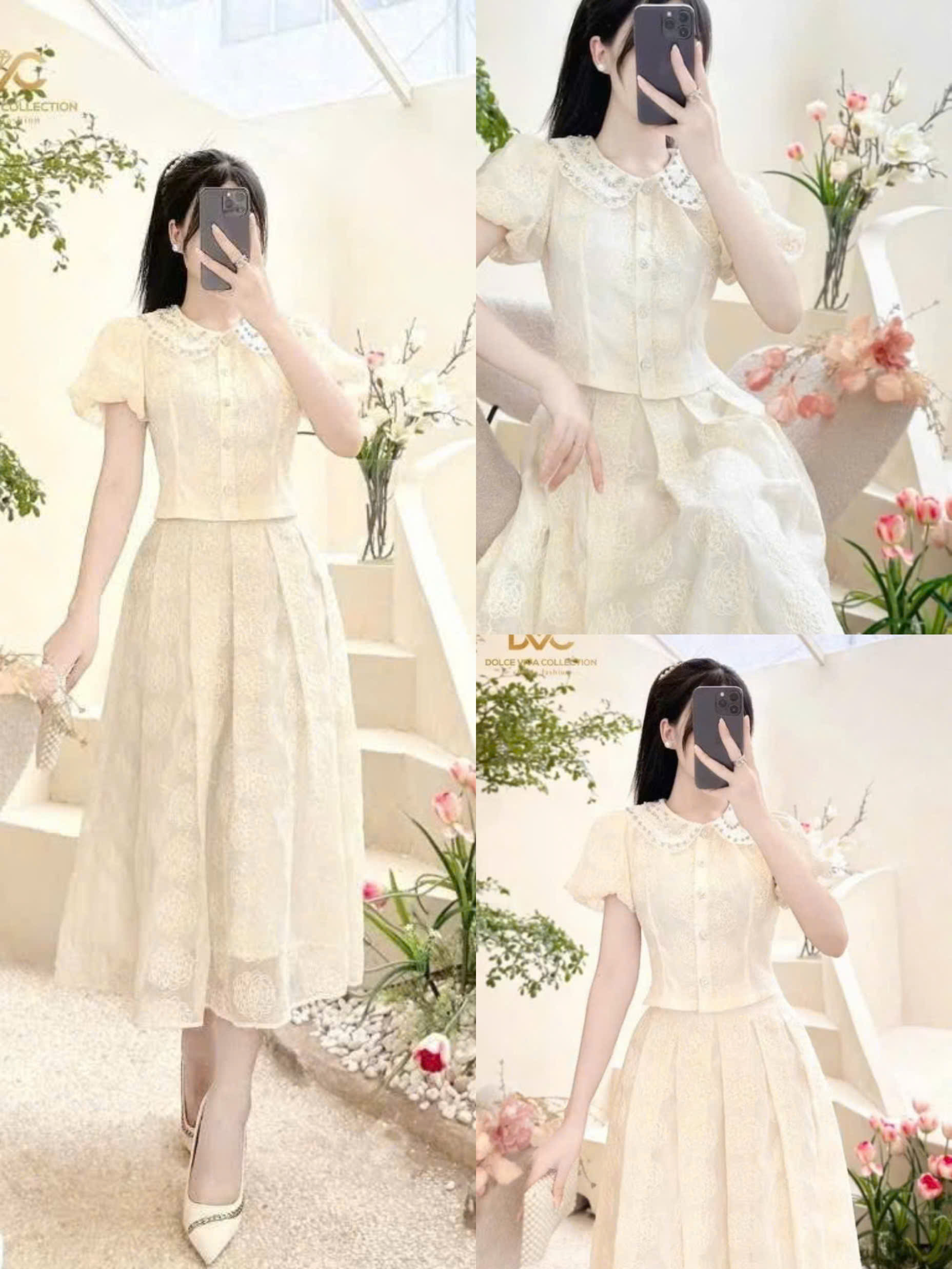 Set váy tiểu thư áo cổ bẻ đính đá tay ngắn chân váy xếp ly dáng dài qua gối 2 lớp vải ren hoa cao cấp