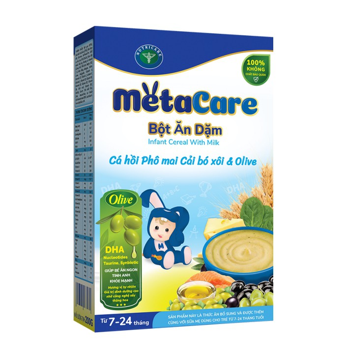 Bột ăn dặm Metacare Cá hồi phô mai cải bó xôi olive 200g