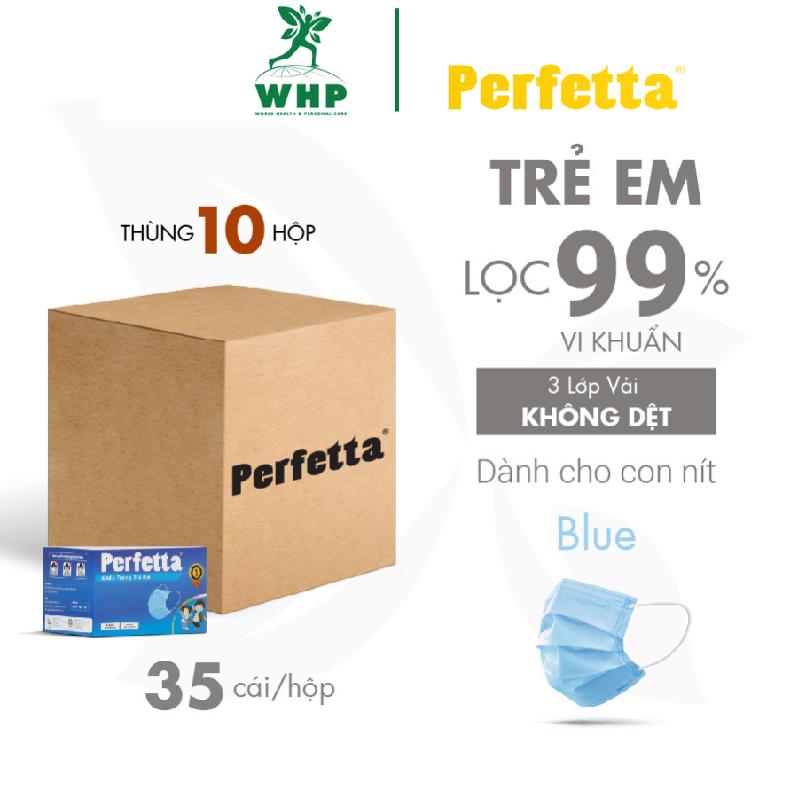  Thùng 350 Cái Khẩu trang 3 lớp Perfetta Trẻ Em Trắng Xanh  35 Cái Hộp  