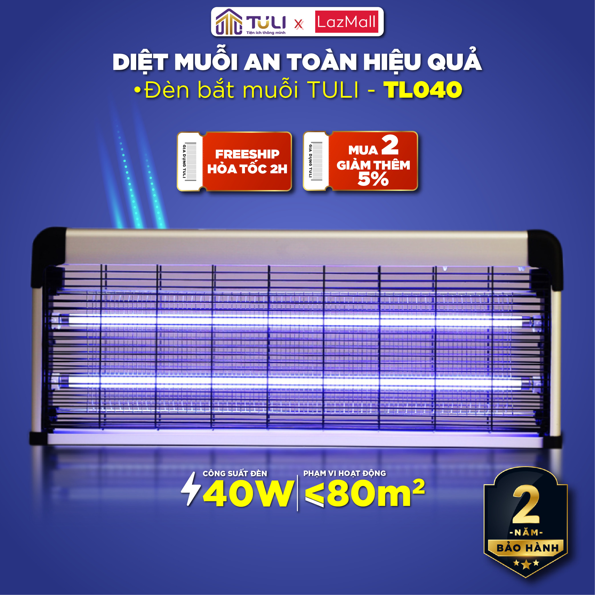 Đèn bắt muỗi TULI TL040, Công suất 40W, Lưới điện 3800V, Thu hút diệt côn trùng, kiến ba khoang, An toàn, Hiệu quả, BH 24 Tháng