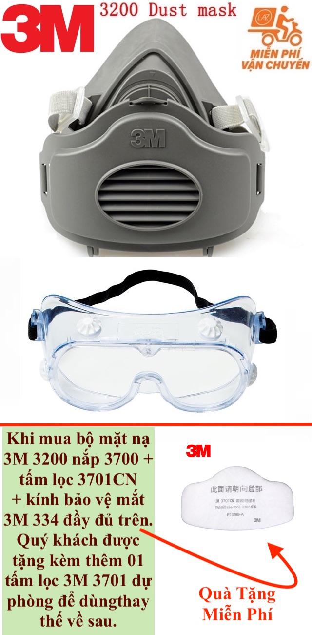Bộ Mặt Nạ Cao Cấp 3M 3200 + Phin Lọc 3700 + Tấm Lọc 3701CN/3744K Có Kèm Kính Chống Cay Mắt 3M 334 hoặc 3M SF201AF tác dụng Chống virus, Phòng Độc, Chống Khói, Thoát Hiểm, Đám Cháy Gia Đình, Toà Nhà Chung cư, Karaoke (Tặng 01 tấm lọc 3M 3701CN)