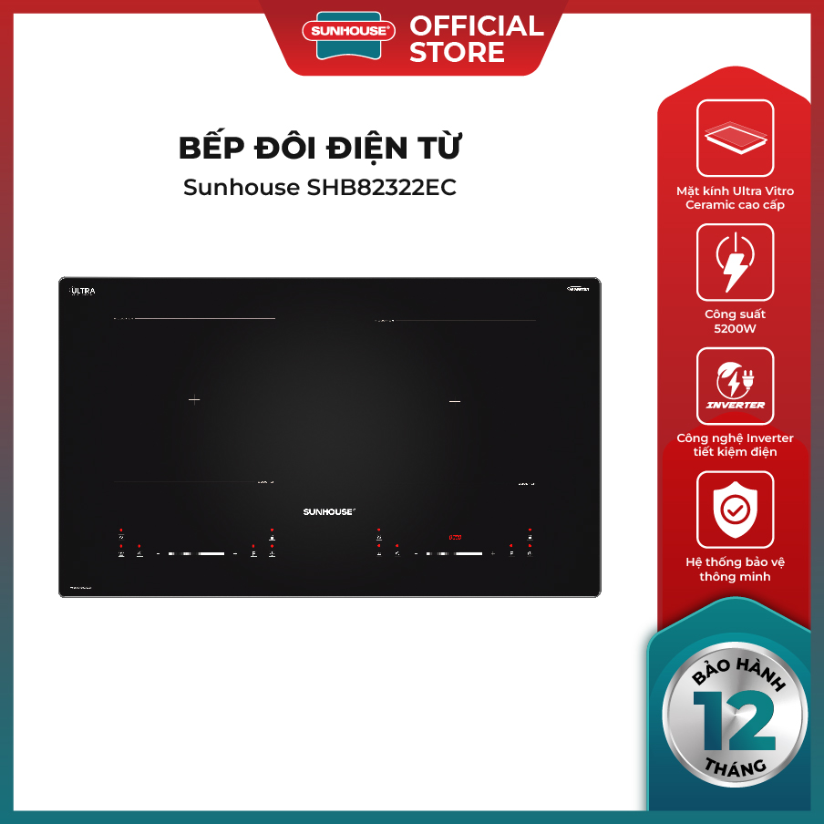 Bếp đôi điện từ Sunhouse SHB82322EC - Mặt kính cao cấp Ultra Vitro Ceramic  - Đa tính năng - Tích hợp Inverter