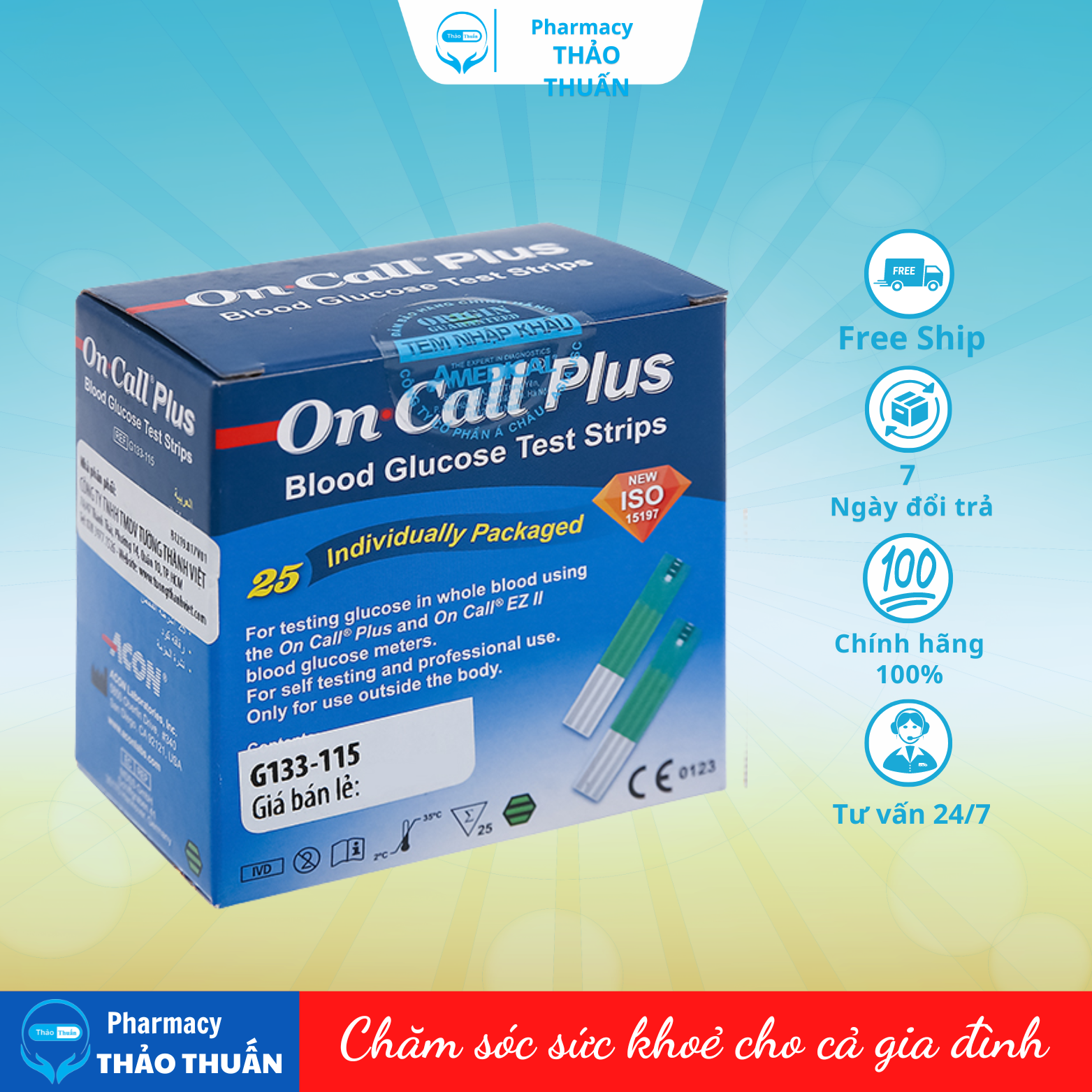 Que thử đường huyết on call plus, chính hãng acon, que thử tiểu đường, test tiểu đường hộp 25 que