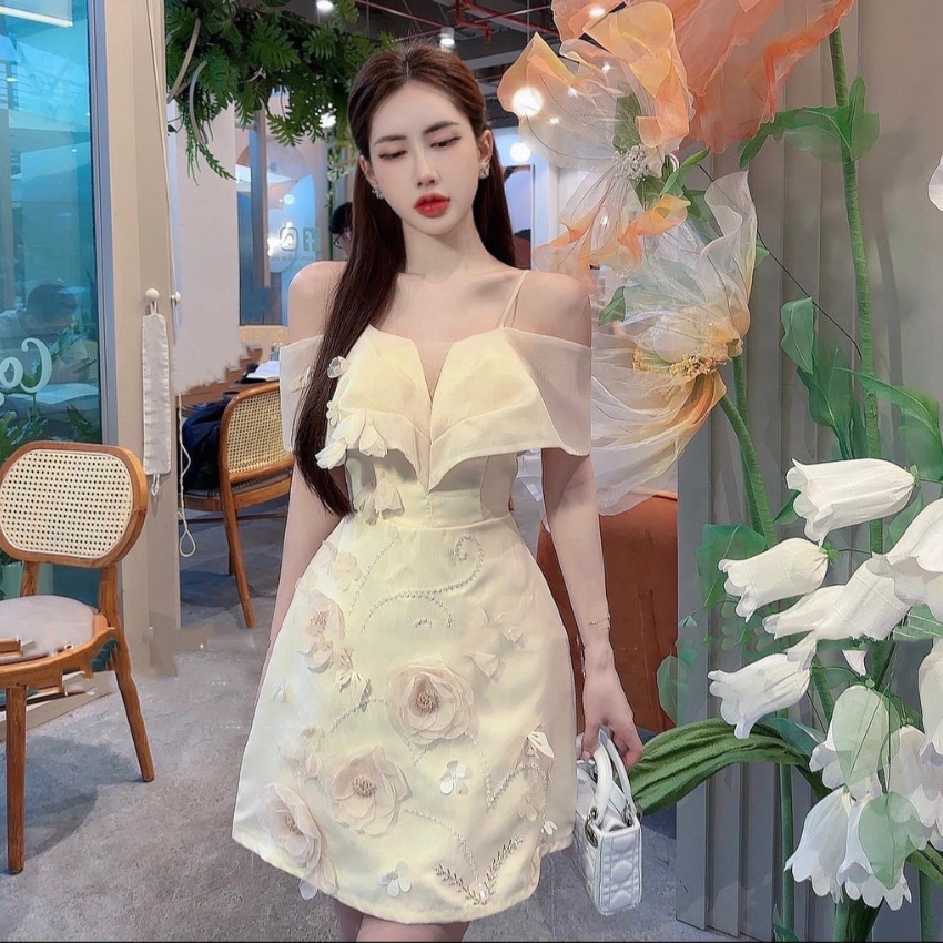 Váy nữ 2 dây dáng chữ A chất tơ phối tapta đầm trễ vai thiết kế dự tiệc HN clothing V186