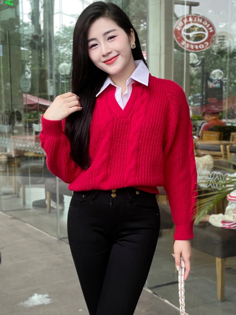 Áo len phối cổ sơ mi chuẩn hàng QC