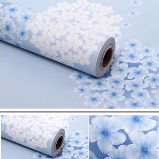 Giấy dán tường tú cầu xanh ( cuộn 10m khổ rộng 45cm, có keo sẵn keo)