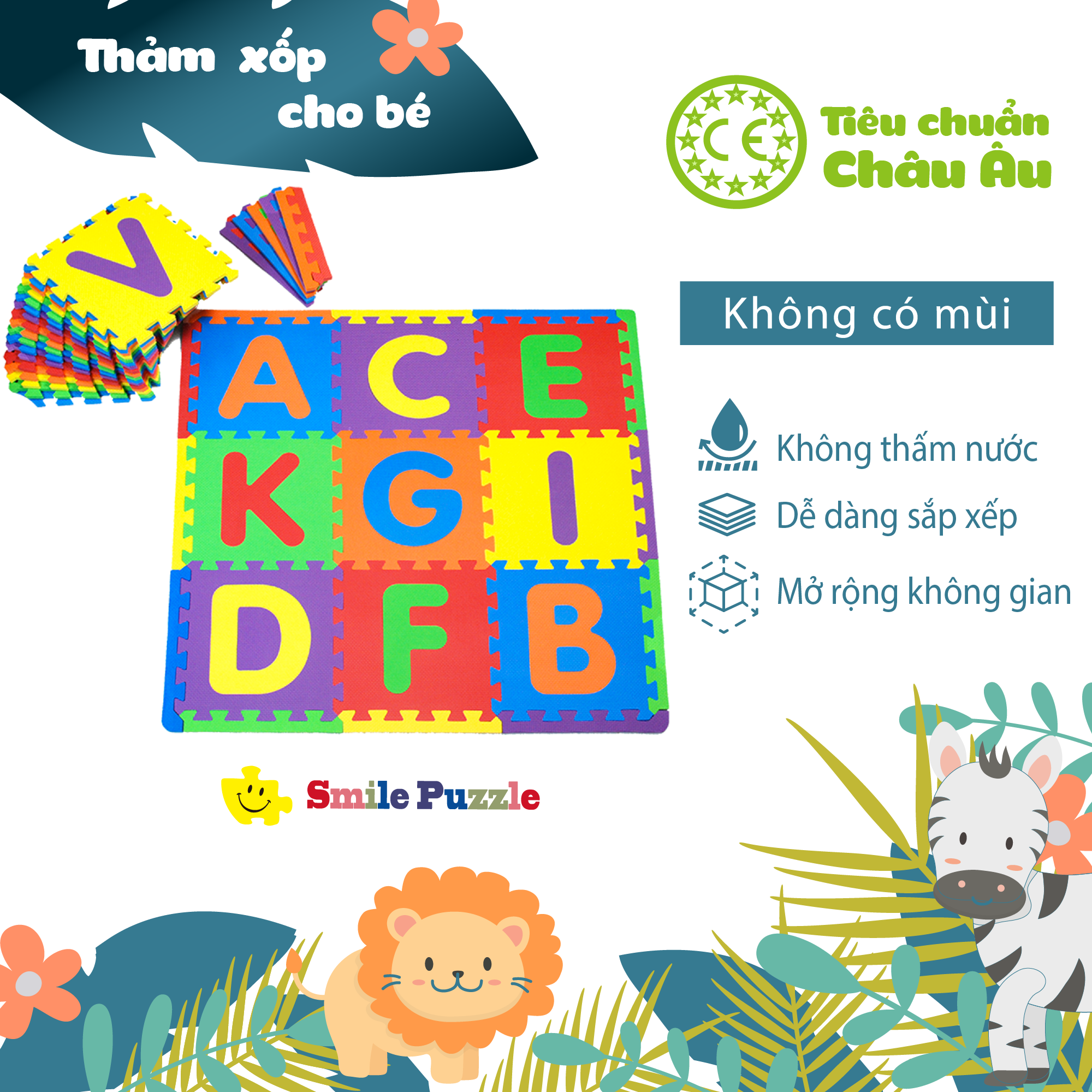 Thảm xốp cho bé - chữ cái + viền ngoài (26 miếng, tổng kích thước 26 miếng 1.2mx1.8m) Smile Puzzle - KHÔNG MÙI CHUẨN CHÂU ÂU
