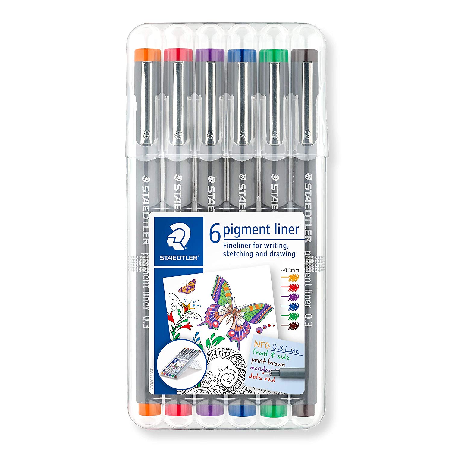 Vỉ 6 bút đi nét chuyên nghiệp STAEDTLER 308 Pigment Liner gồm 6 màu mực (Xanh lá, đỏ, cam, xanh biển, tím, nâu)