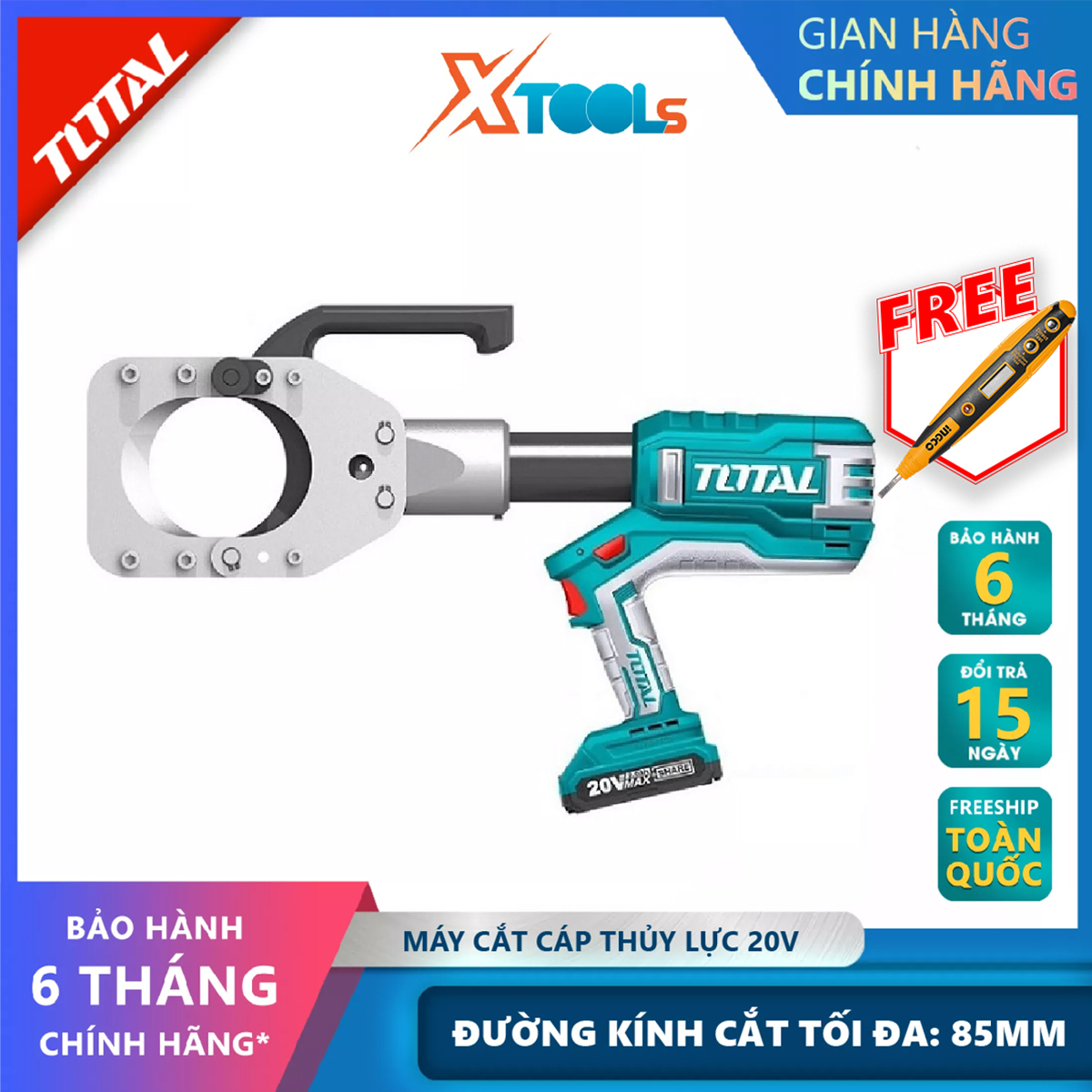 Máy ép đầu cos dùng pin TOTAL máy ép cos thủy lực 20V, 16-400mm2, Lực ép 12KN 42mm kìm ép cốt, kìm b