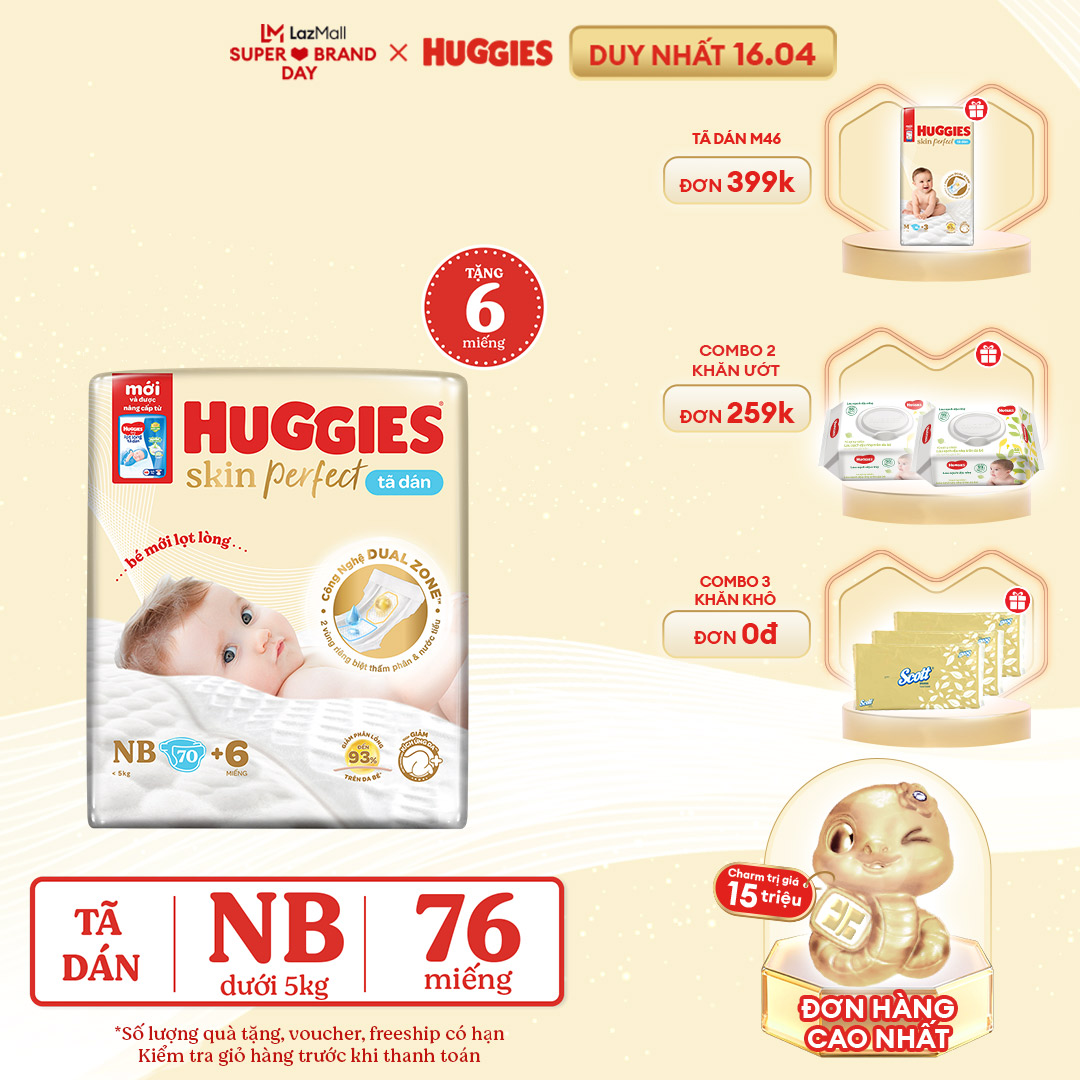 Combo 2 [Tặng thêm 6 miếng tã] Tã dán Huggies Skin Perfect Super Jumbo M76 miếng