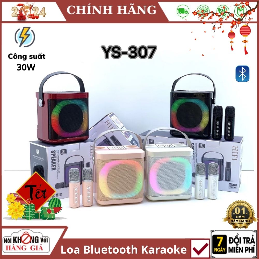 Loa bluetooth karaoke YS-307 tặng kèm 2 mic không dây có led RGB nháy theo nhạc bass mạnh công suất 30W mini xách tay