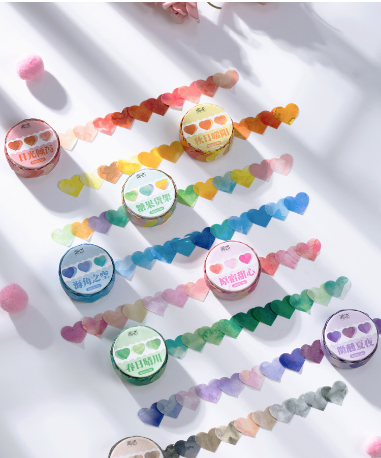 Die-cut tape - Băng keo sticker hình trái tim màu sắc cầu vồng 100 cái/cuộn