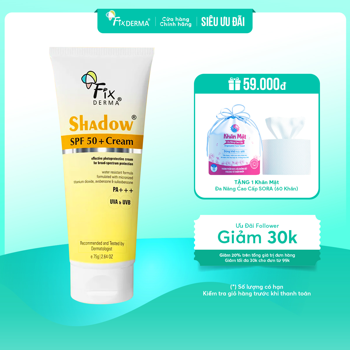 [Hàng chính hãng] Kem chống nắng cho da mặt da dầu mụn Fixderma Shadow SPF 50+ Cream. Kem chống nắng fixderma shadow chống nắng toàn thân hiệu quả hơn xịt chống nắng Fixderma Việt Nam