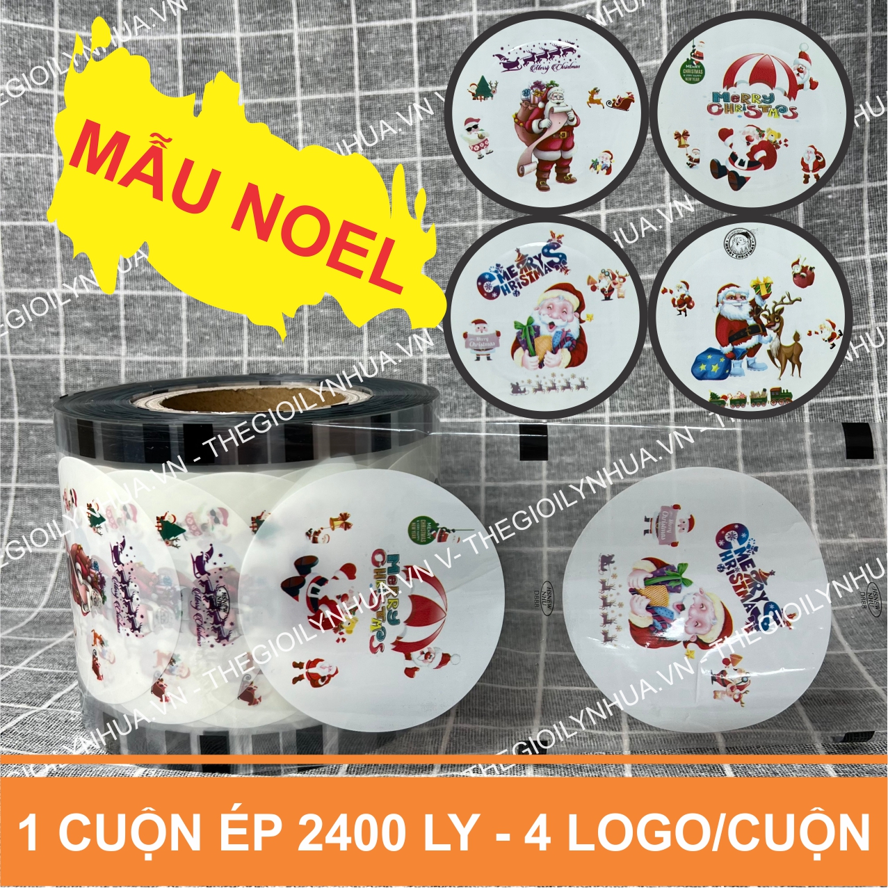 Cuộn màng ép ly nhựa, màng dập cốc nhựa, keo ép nắp ly trà sữa, màng dán ly in sẵn mẫu Noel