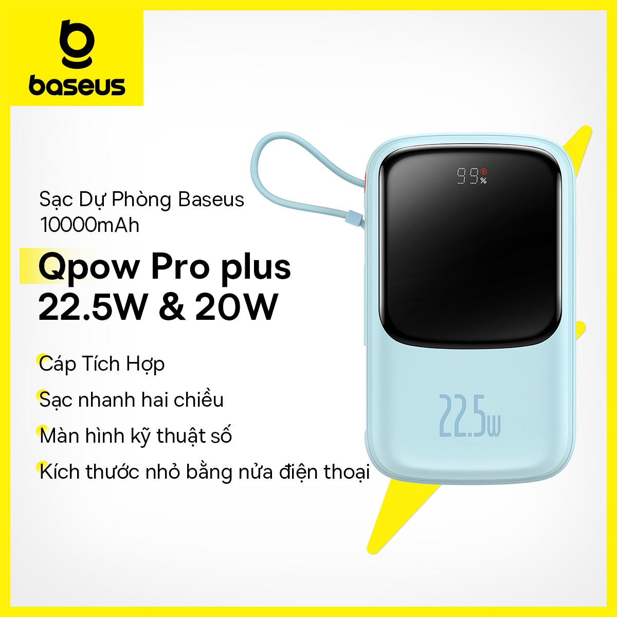 Pin sạc dự phòng Baseus 10000mAh PD có dây cáp cho điện thoại