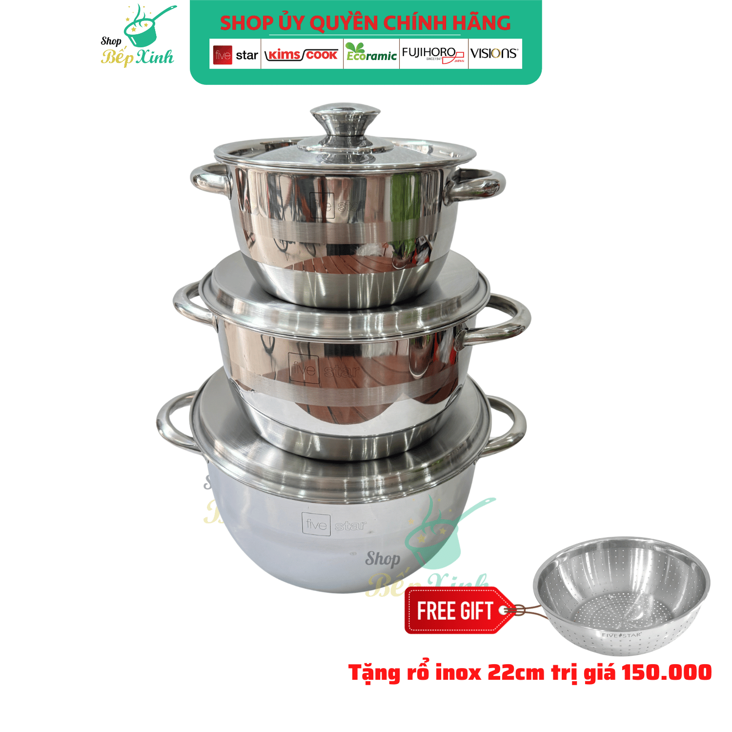 Bộ nồi inox 1 đáy Fivestar HT Cook 3 chiếc nắp inox , tặng 2 vá canh , dùng được bếp từ , hồng ngoại , gas