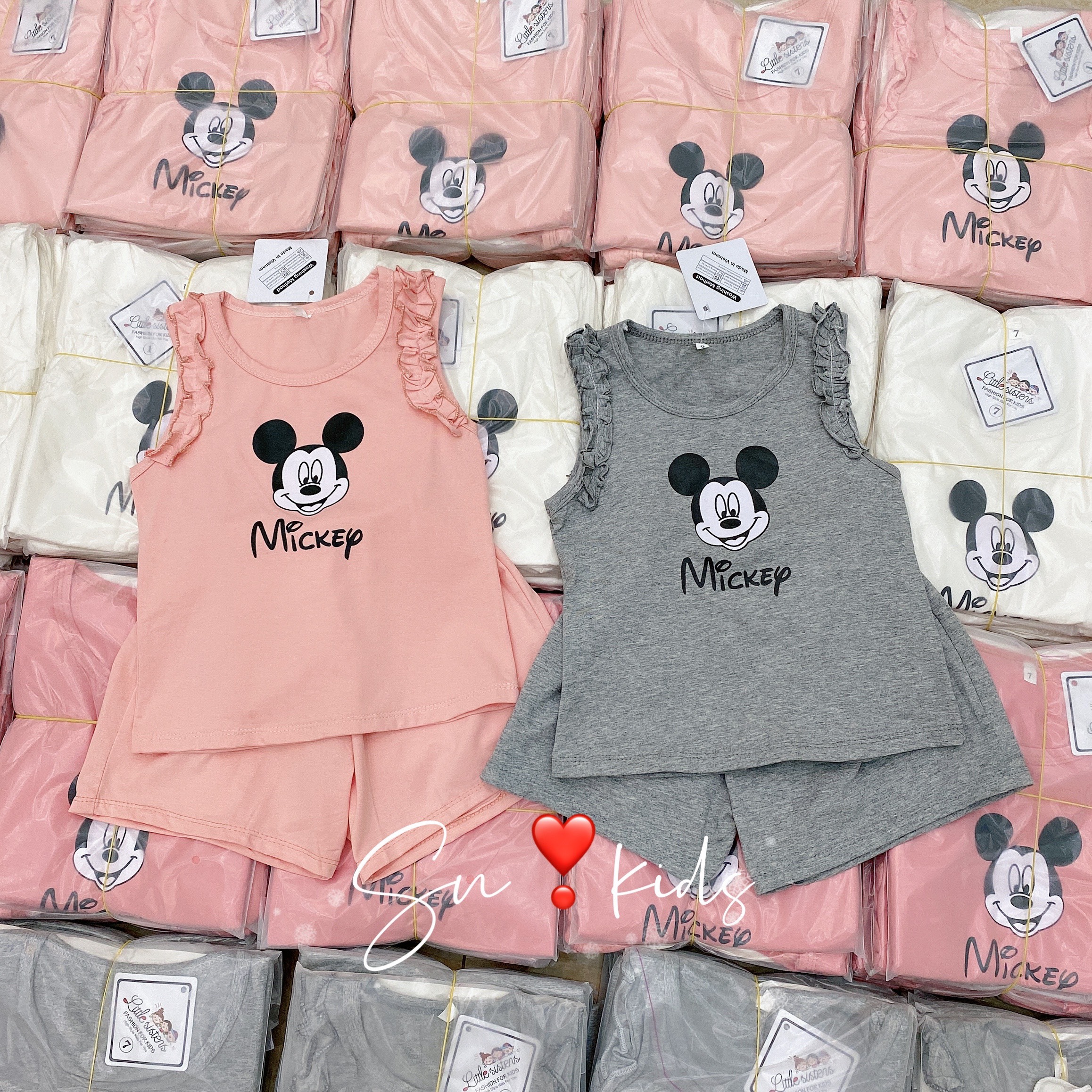 Bộ ba lỗ mickey chất cotton viền bèo cực xinh cho bé gái