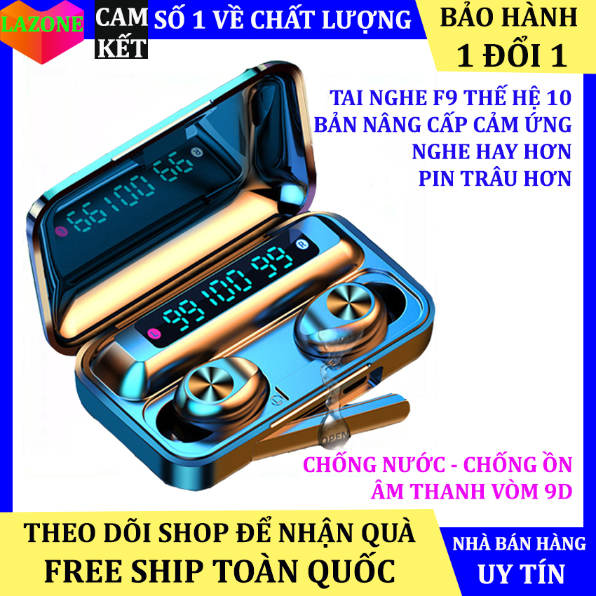 Tai nghe bluetooth F9 nghe 2 tai kĩ thuật số TW，âm thanh nổi/Âm thanh HiFi，hiển thị dung lượng pin，hình nút tai，có đế sạc，sạc dự phòng，thiết kế nhỏ gọn，nhỏ gọn dễ đem theo ，chống nước chống bụi，tai nghe không dây TWS