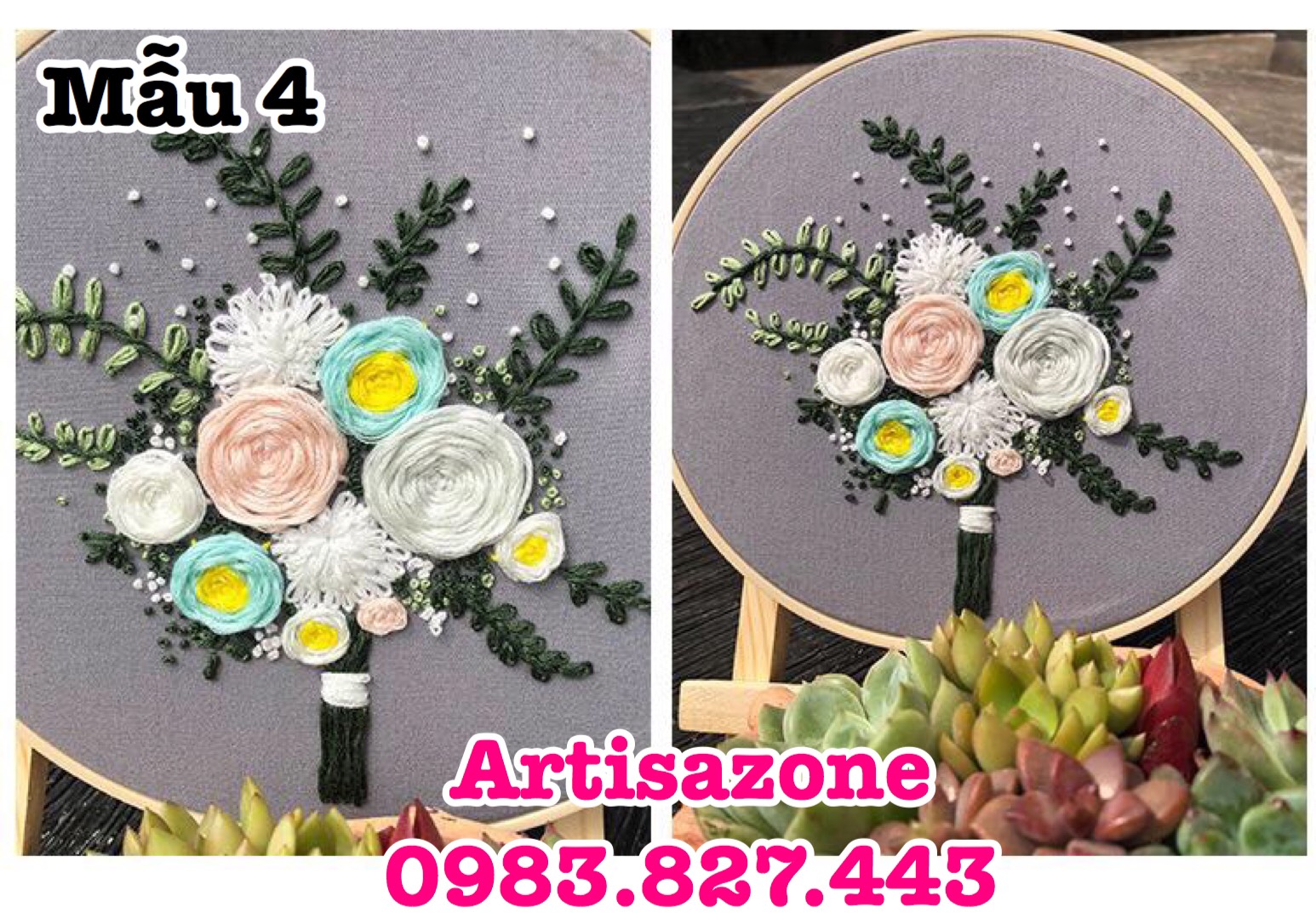 Bộ Kit thêu hoa vintage đầy đủ (Gồm: Khung thêu, vải in hình, chỉ, kim) - Khung nhựa 20cm