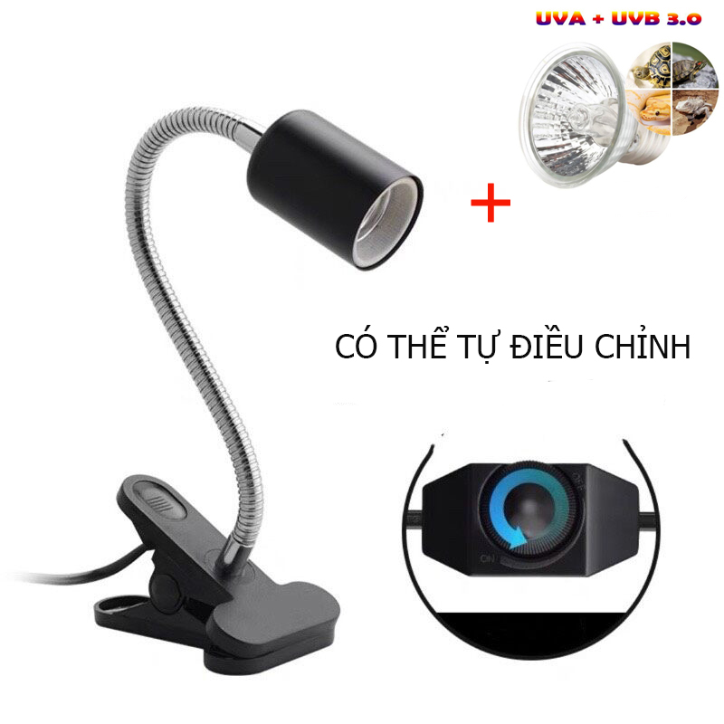 Combo đèn sưởi uva + uvb 3.0 và kẹp đền xoay 360 độ, bóng đèn sưởi cho bò sát, rùa
