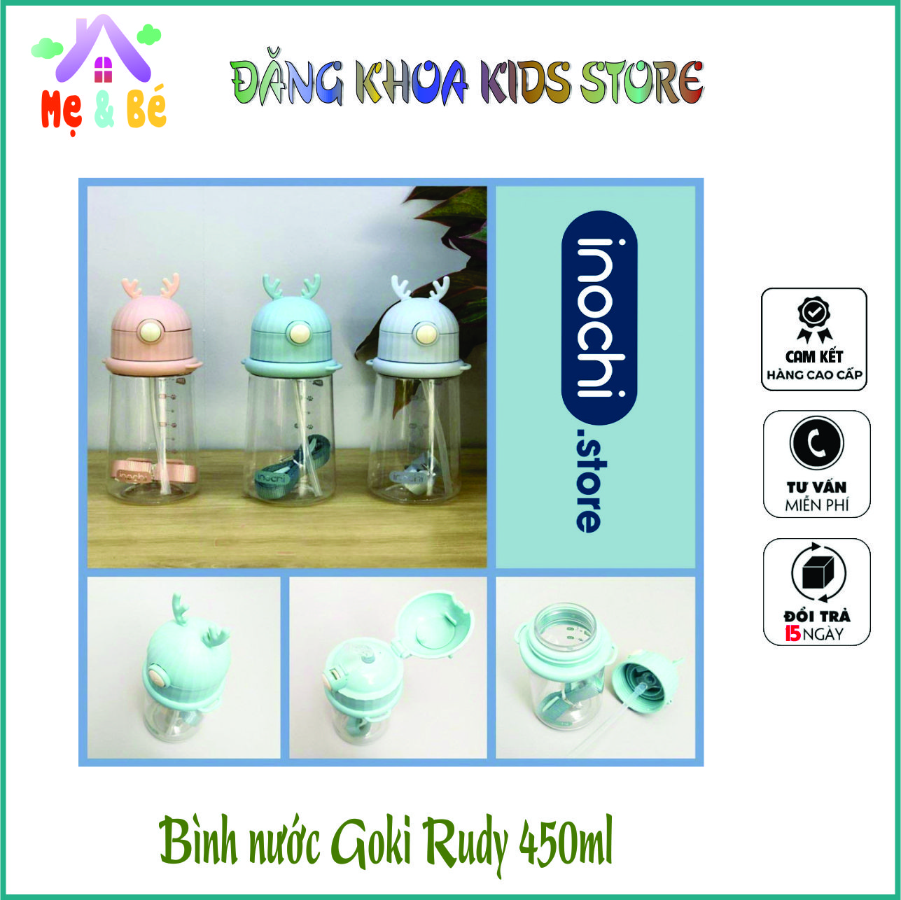 Bình nước trẻ em Inochi Goki Rudy 450ml bình nước có ống hút, đựng nước, đựng sữa,cho bé - ĐK1180