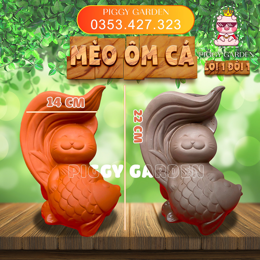 Chậu đất nung - Chậu trồng sen đá, xương rồng - Chậu Mèo ôm cá miệng 14cm, cao 22cm