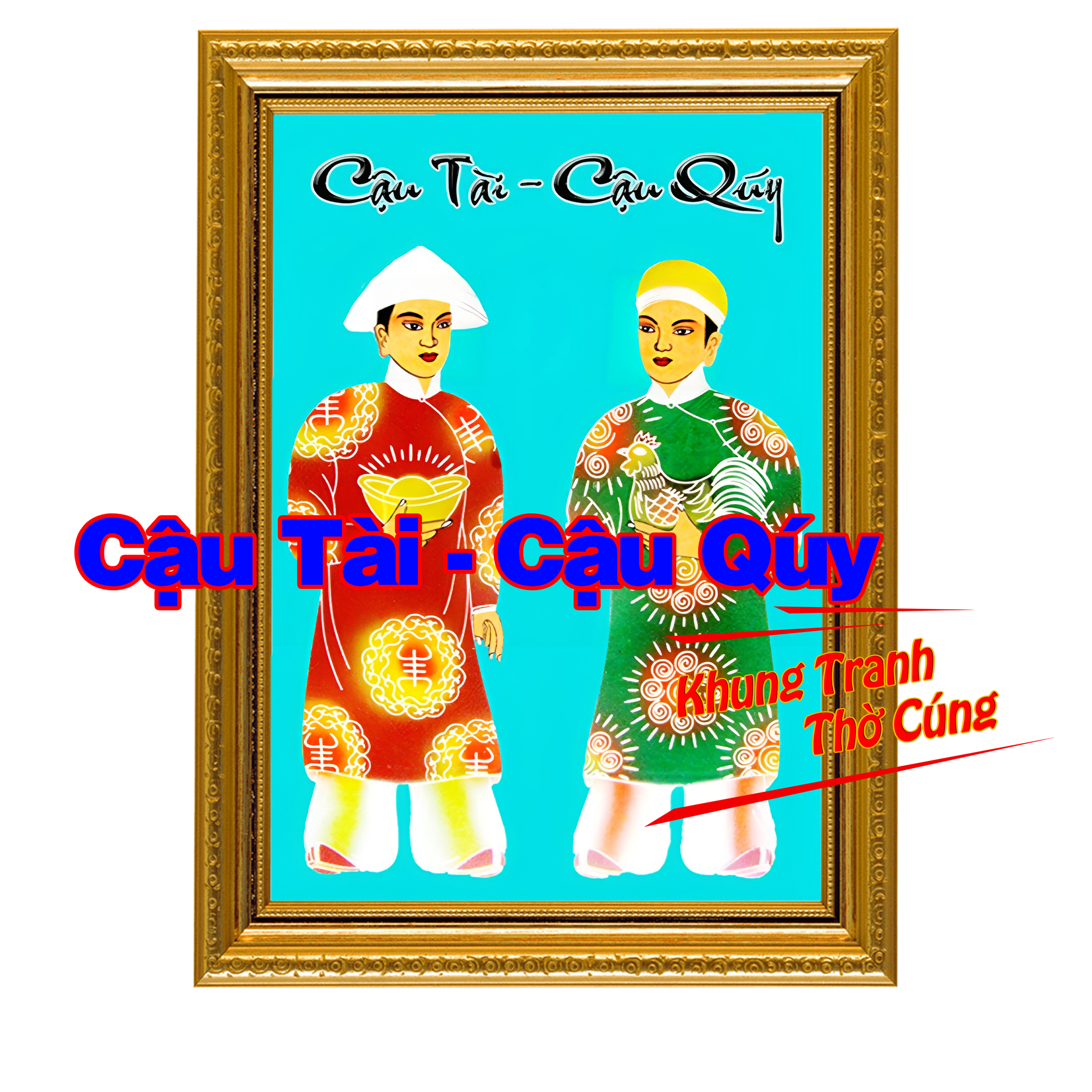 Tranh treo, ảnh thờ cậu tài - cậu quý nền xanh + khung ảnh sáng đẹp kích thước khổ a3, a4, a5