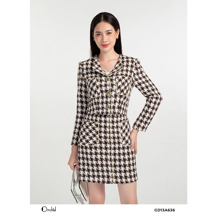 Set bộ dạ Tweed kẻ tiểu thư cao cấp -Áo khoác phối chân váy chữ A Orchid GD13A636.