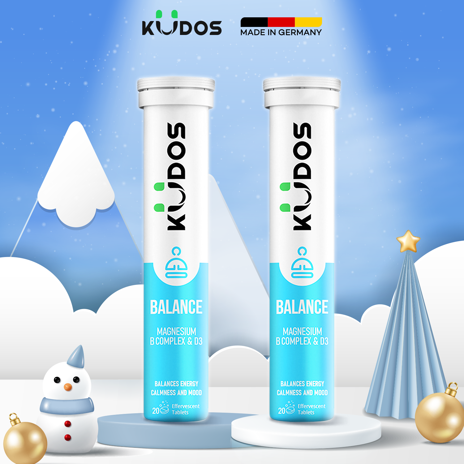 Combo 2 Tuýp Viên sủi KUDOS BALANCE bổ sung Vitamin B + Magnesi hỗ trợ giảm stress, ngủ ngon, tinh thần thoải mái (20 viên/tuýp)