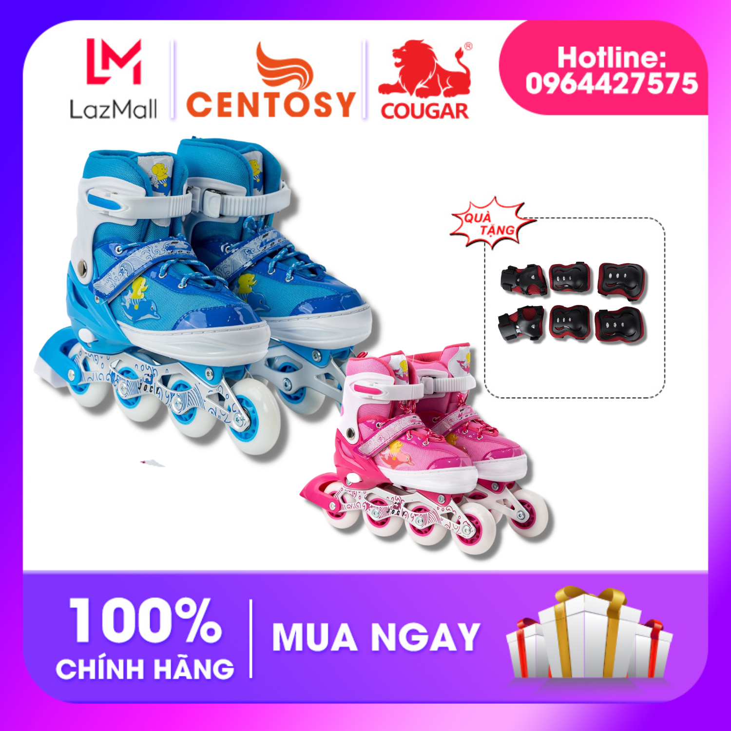 Giay Patin Trẻ Em Jocy Mega, Có bánh đèn phát sáng, họa tiết đang yêu