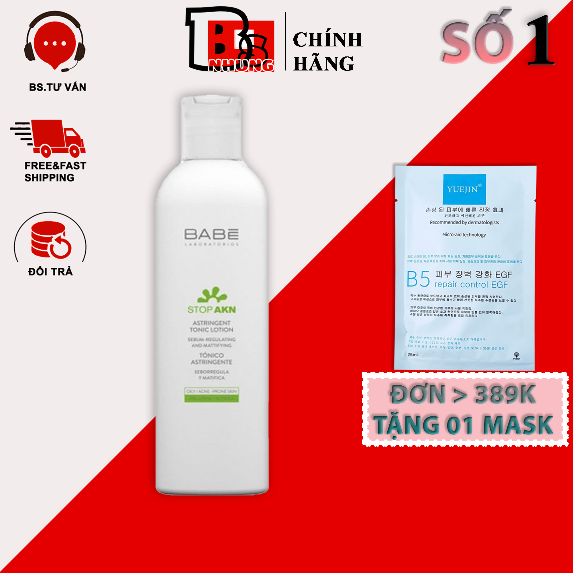 Toner cân bằng dầu nhờn, hỗ trợ giảm mụn, se khít lỗ chân lông BABE Stop AKN Astringent Tonic Lotion 250ml