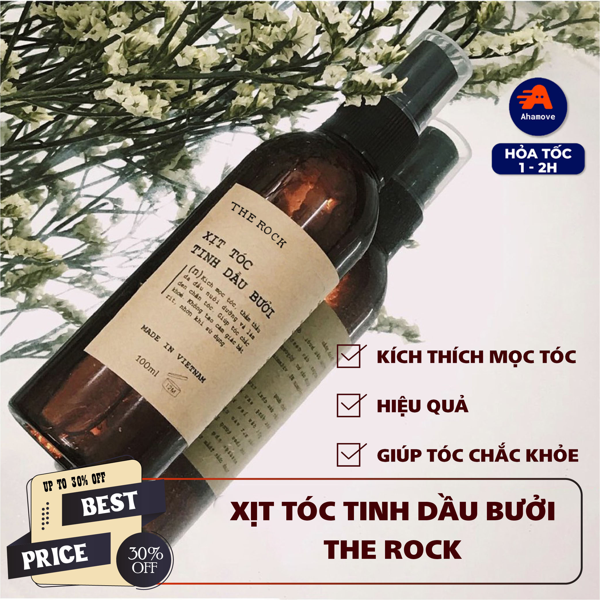 Chai xịt dưỡng tóc tinh dầu vỏ bưởi phục hồi hư tổn, giảm gãy rụng và kích thích mọc tóc the rock 100ml, tinh dầu bưởi- kích mọc tóc - làm dày - nhanh dài - giảm rụng
